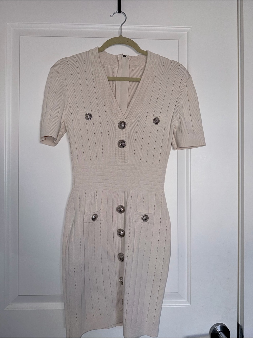 Balmain Inspired Knit Bodycon Dress Cream Gold Button Mini Dress